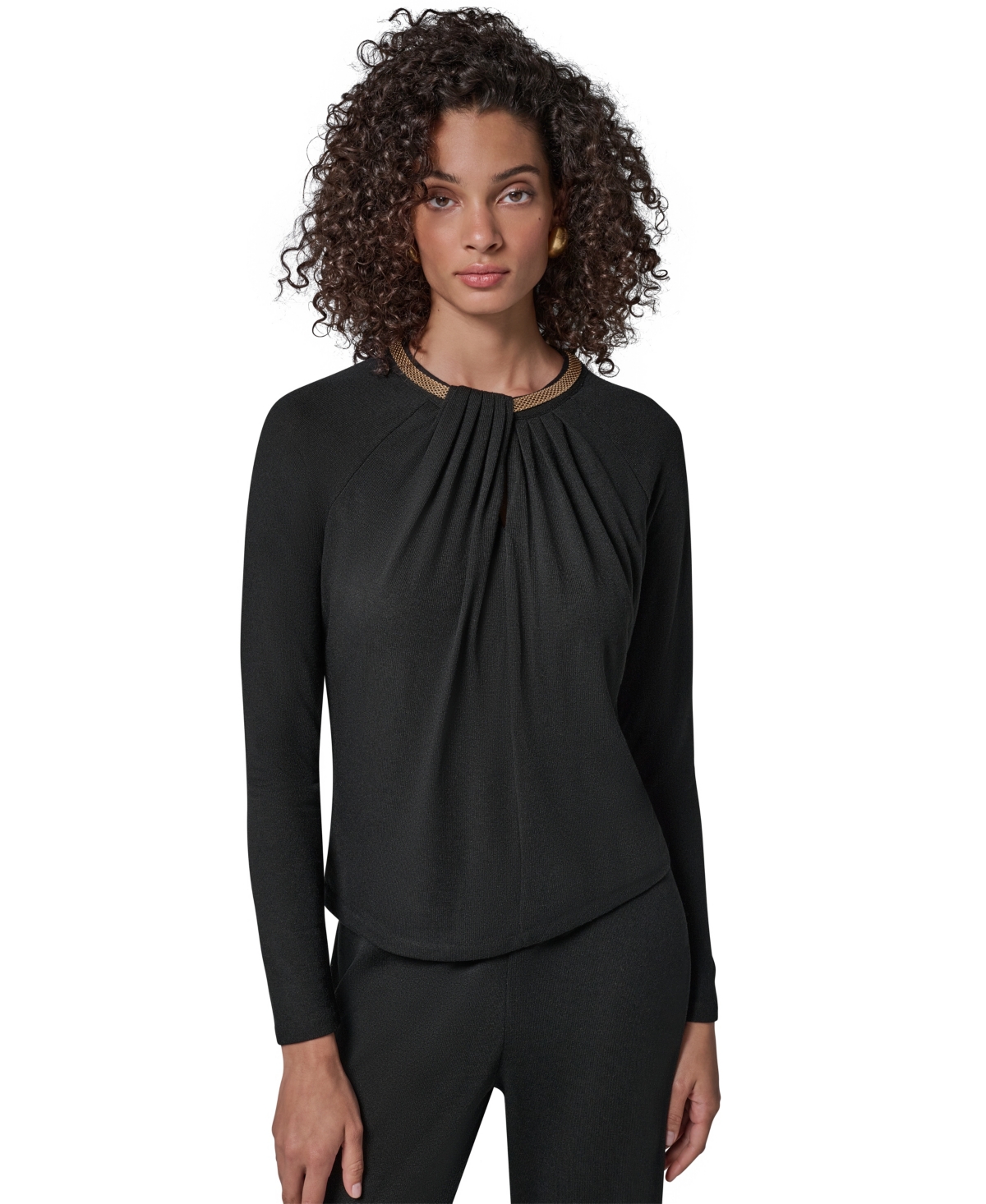 Donna Karan New York Petite Keyhole Pleated Necklace Detail Sweater
