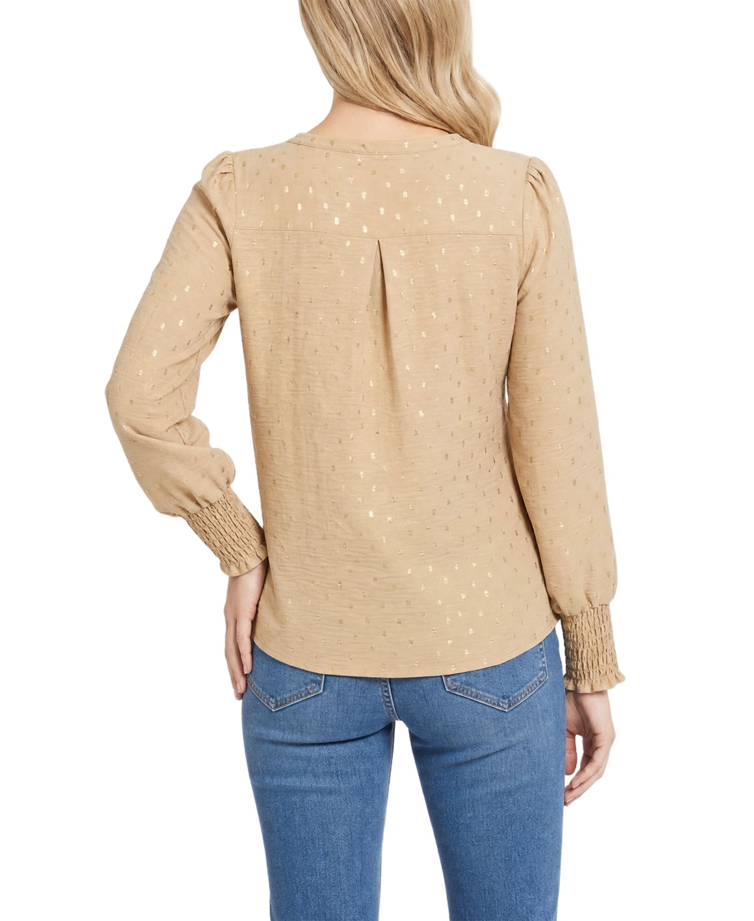 Women's Metallic Dots Smocked Cuffs V-Neck Blouse