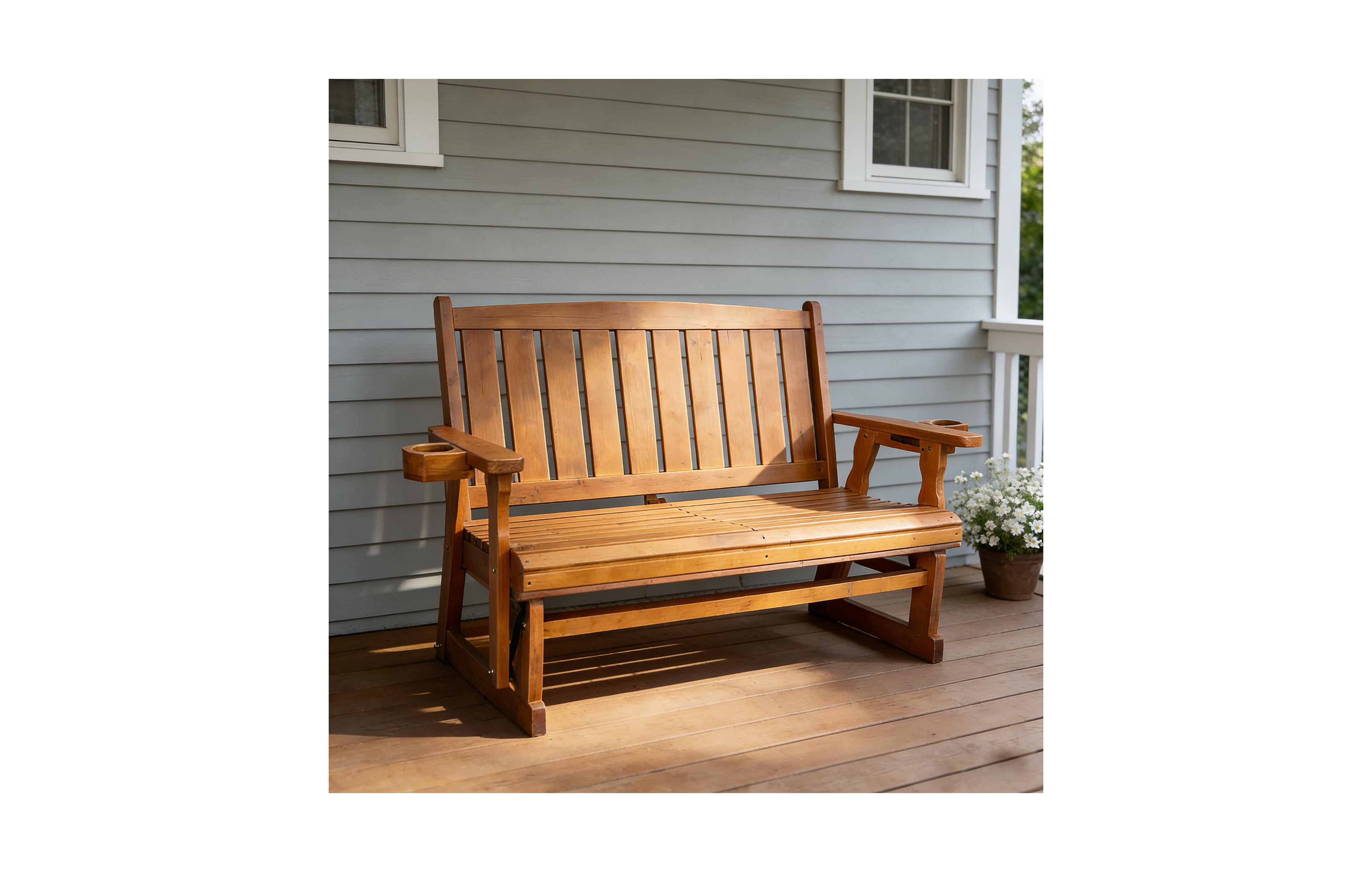 Innovaze 2-Seater Solid Fir Wood Outdoor Glider with Cup Holders, Comfortable Contoured Seat for Patio, Garden and Backyard
