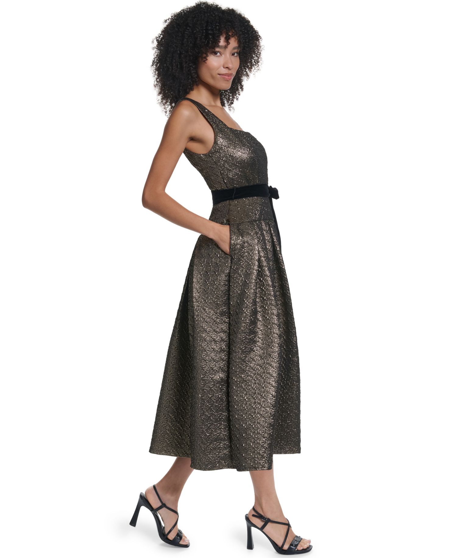 Women's Metallic-Jacquard Square-Neck Fit & Flare Midi Dress