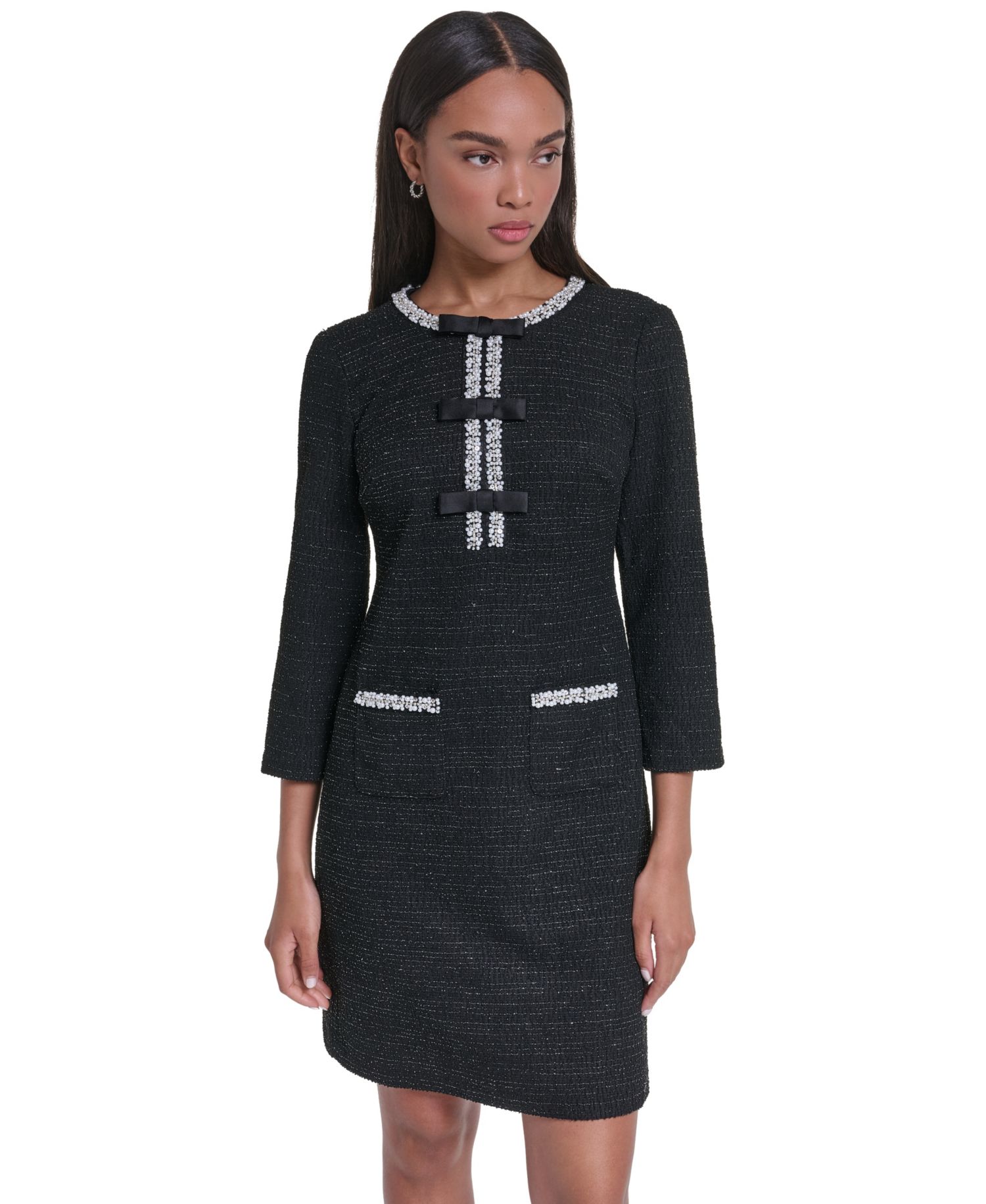 Women's Shimmer Knit Tweed Bow-Trim Shift Dress