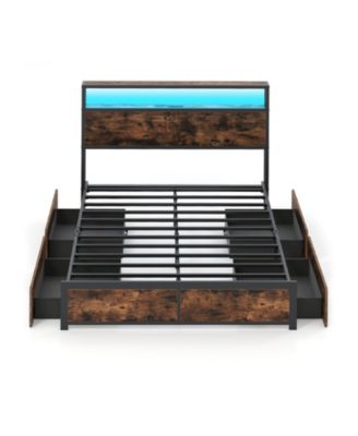 Full Queen Size LED Bed Frame with Charging Station and 4 Storage Drawers Full