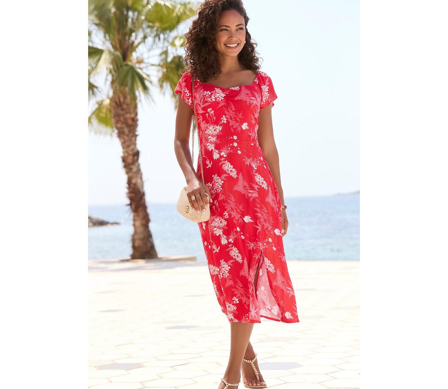 Women's Floral-Print A-Line Sweetheart Midi Dress