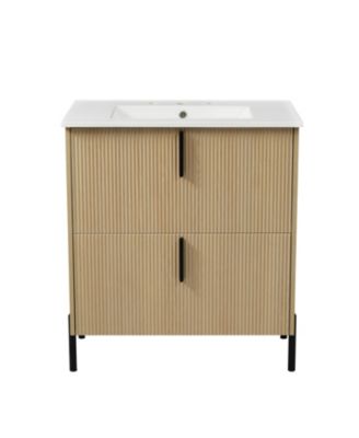 30'' Freestanding Bathroom Vanity with Ceramic Sink, 2 Full-Extension Drawers and Fluted Design, Assembly Required