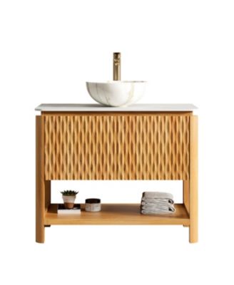 36 Inch Freestanding Bathroom Vanity, Plywood Cabinet, Sintered Stone Top with Ceramic Vessel Sink, Lower Open Shelf, Assembly Required