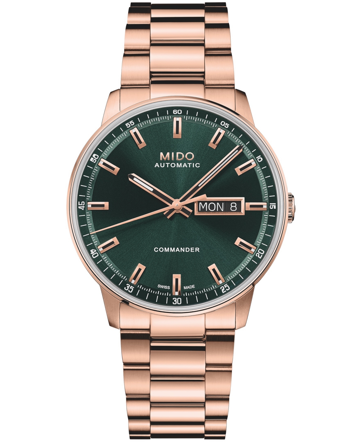 Mido Men's Swiss Automatic Commander Datoday Green Dial Water-Resistant to 50 Meters Rose-Gold Stainless Steel Bracelet Watch, 40mm