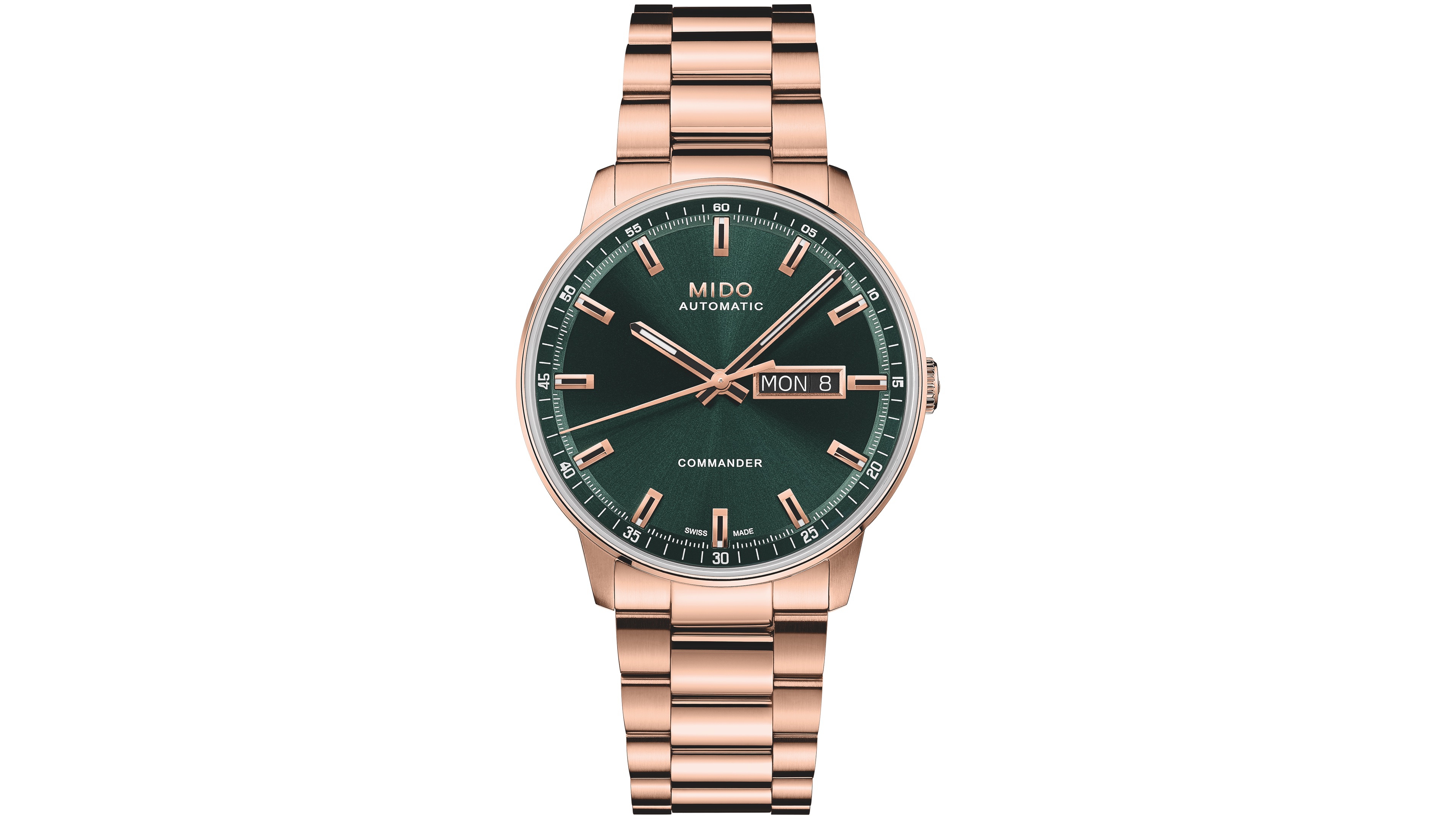 Mido Men's Swiss Automatic Commander Datoday Green Dial Water-Resistant to 50 Meters Rose-Gold Stainless Steel Bracelet Watch, 40mm
