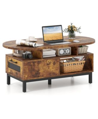 47 Inch Oval Coffee Table with Storage and Open Compartments for Living