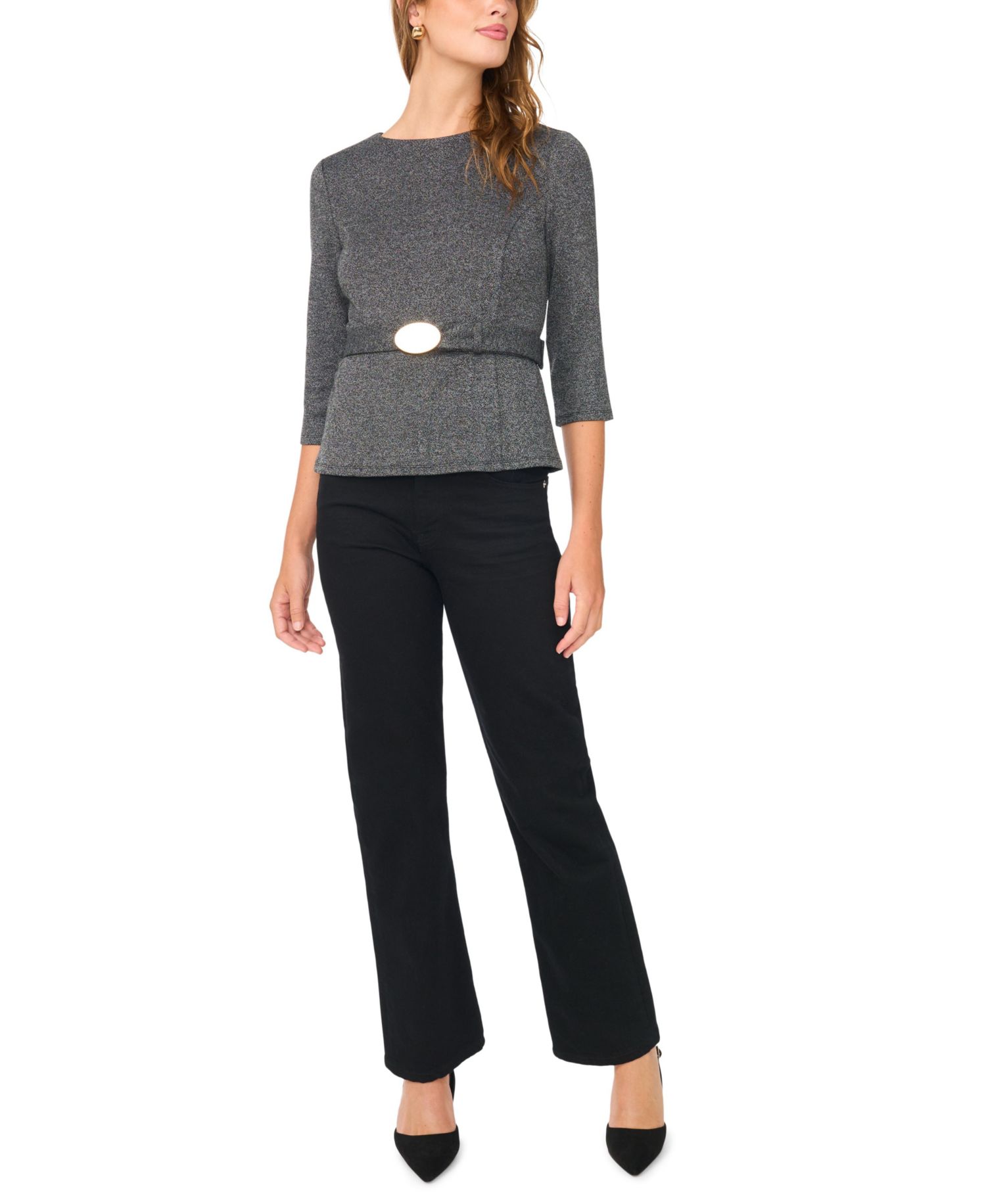 Women's Belted 3/4-Sleeve Crewneck Top
