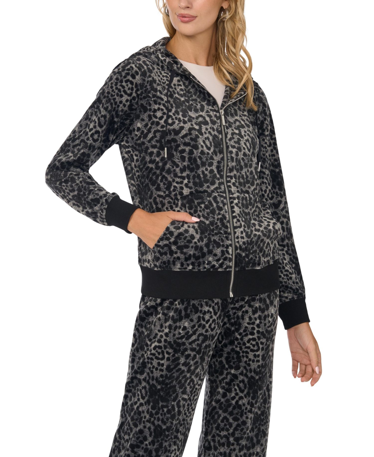 Women's Velour Animal-Print Zip-Front Hoodie Jacket