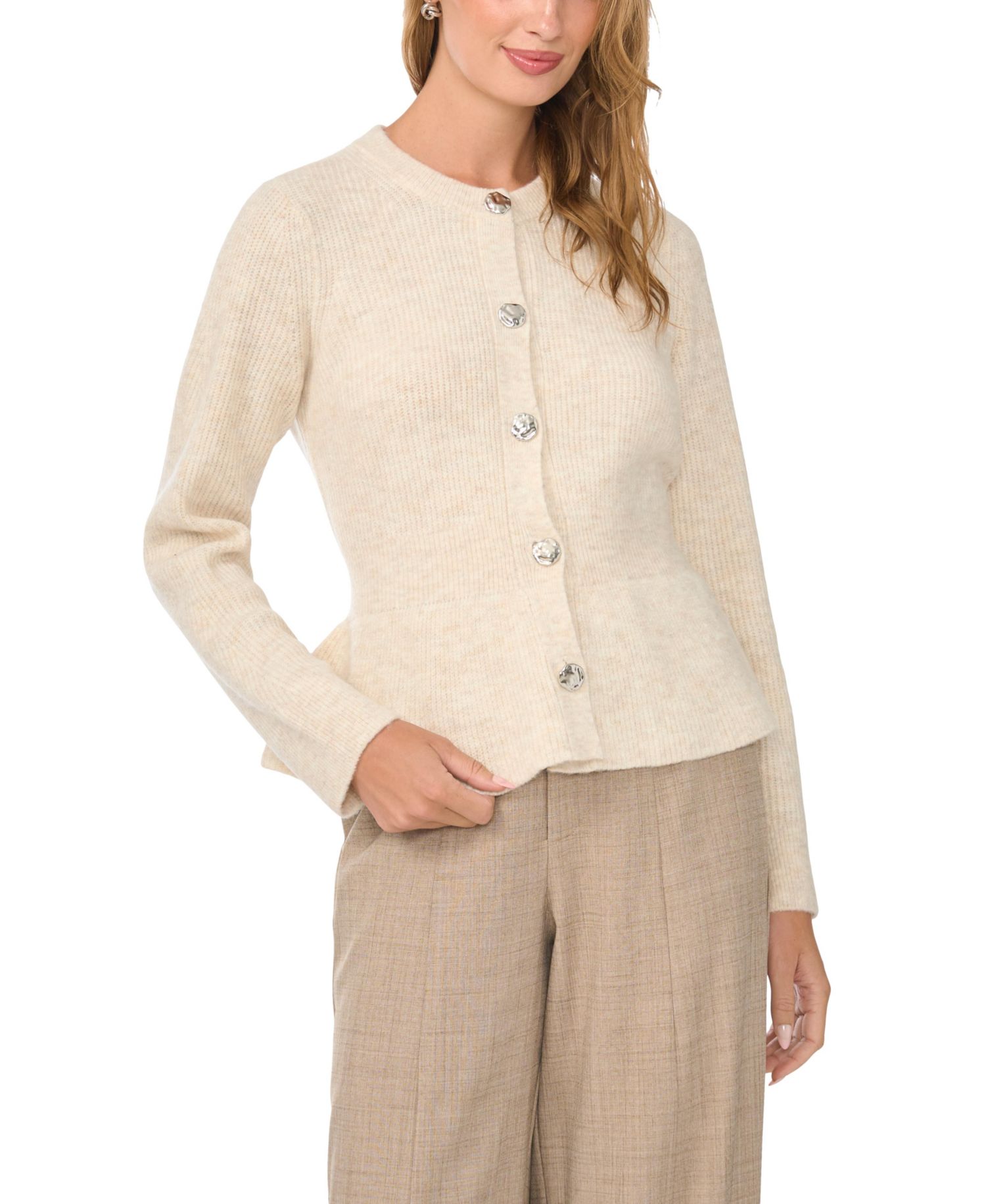 Women's Crewneck Long-Sleeve Peplum Cardigan