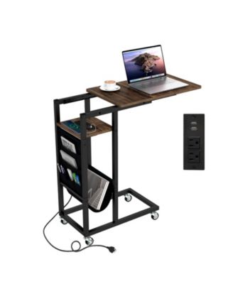 C Shaped End Table with Charging Station and Retractable Tabletop