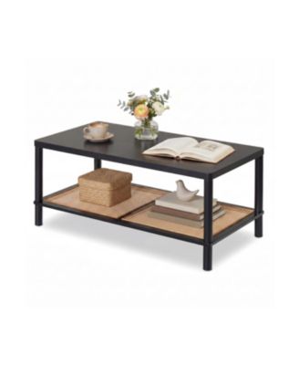 2 Tier Boho Coffee Table for Living Room Rectangular Center Table with Rubber Wood Frame and PVC Rattan Storage