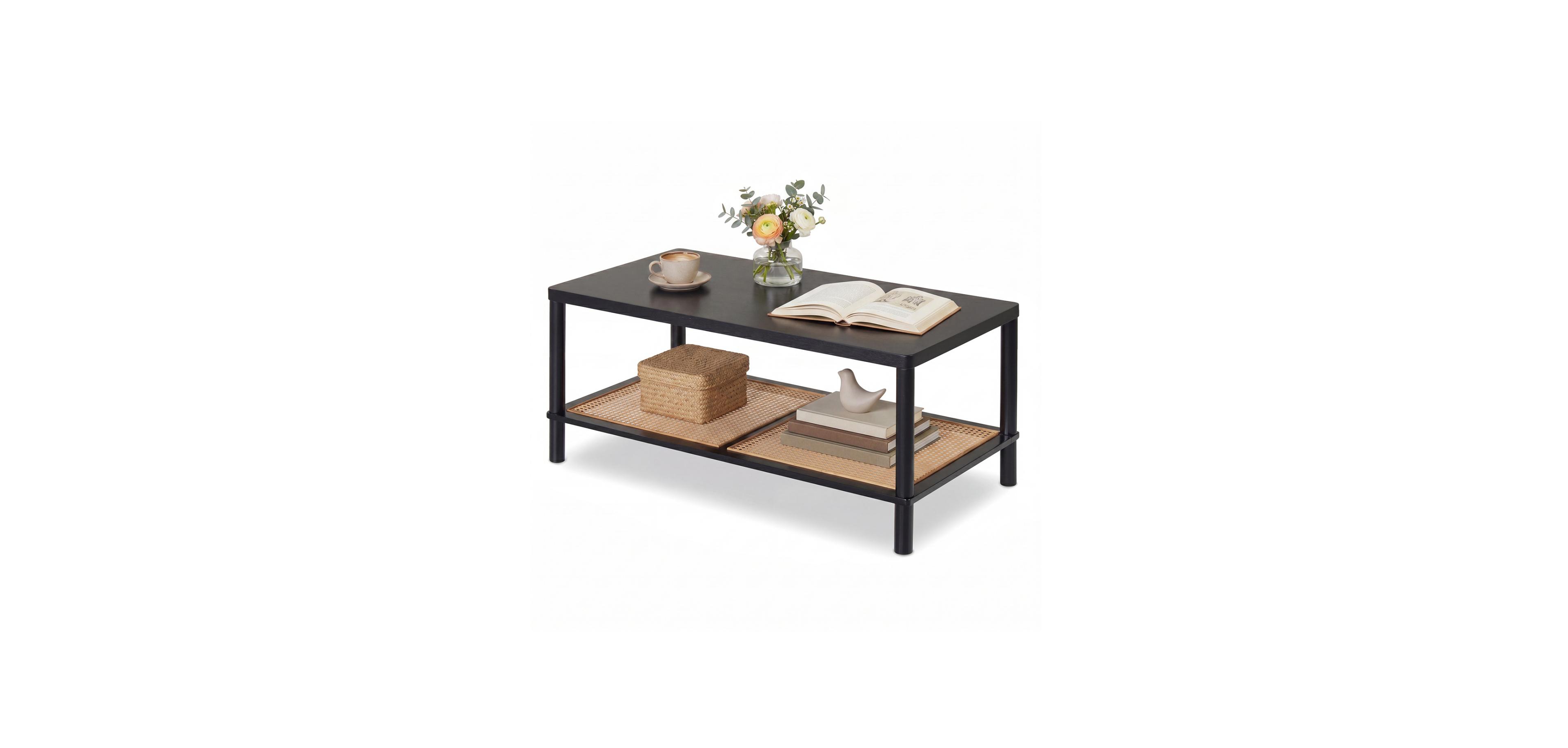 Mecale 2 Tier Boho Coffee Table for Living Room Rectangular Center with Rubber Wood Frame and Pvc Rattan Storage