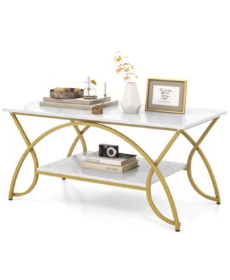 2 Tier Faux Marble Coffee Table with Marble Top and Metal Frame Oak