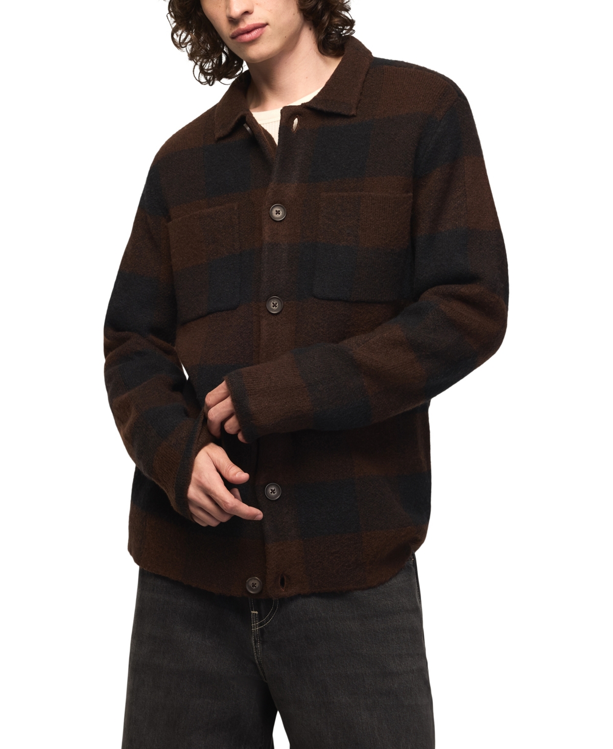 Lucky Brand Men's Plaid Birdseye Jacquard Knit Button-Down Cardigan - Chicory Coffee