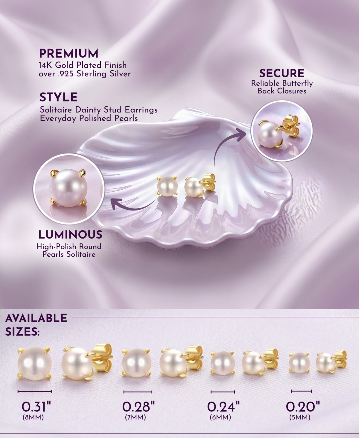 14k Gold Plated with Round White Genuine Pearl Solitaire Stud Earrings Sterling Silver