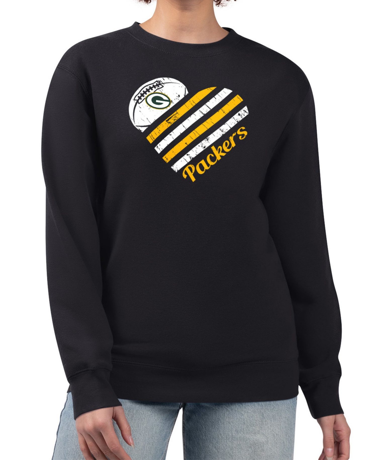 Women's Black Green Bay Packers Heart Graphic Fleece Pullover Sweatshirt