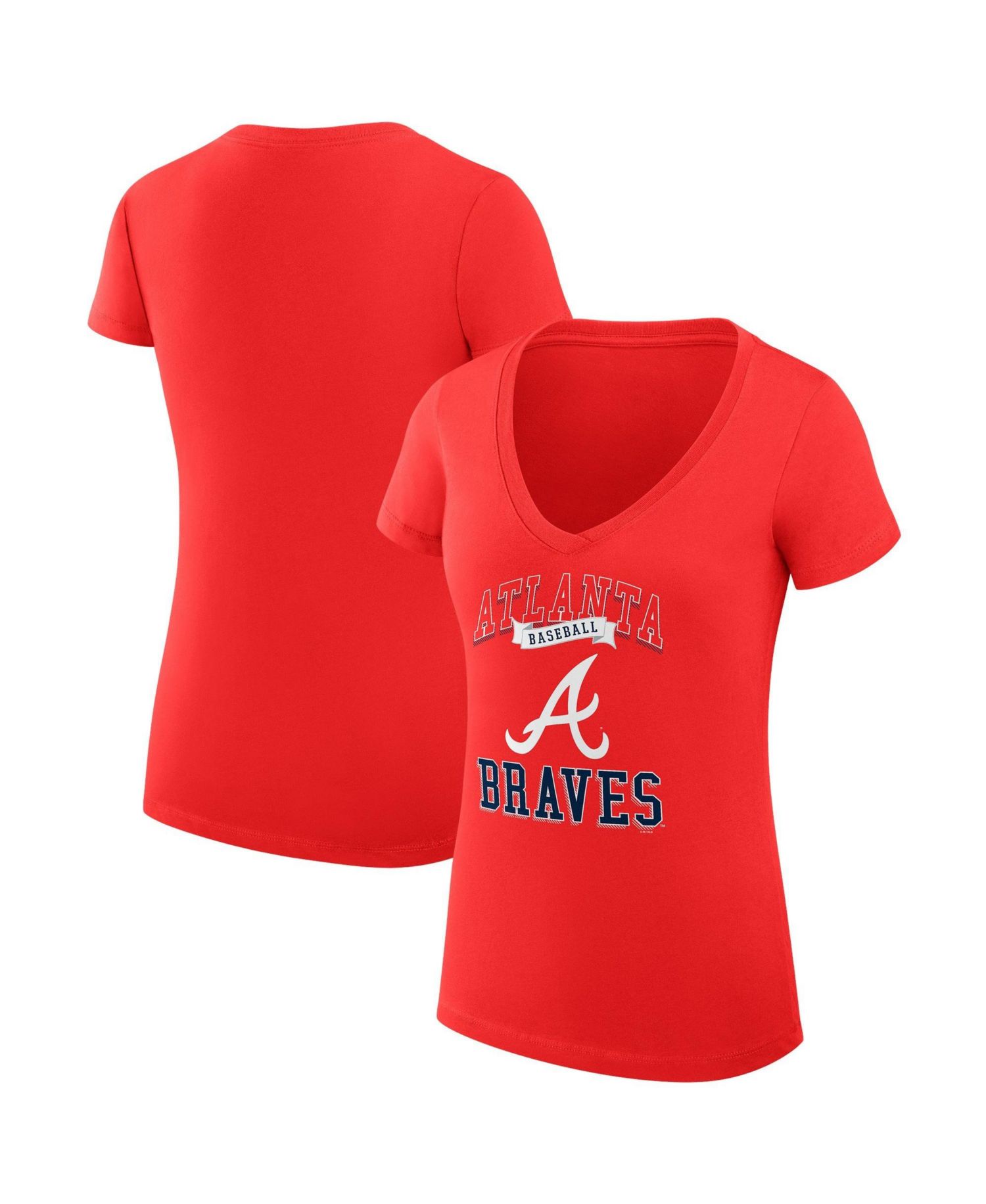 Women's Red Atlanta Braves Super-Slim Fit Lightweight Team Logo Graphic V-Neck T-Shirt