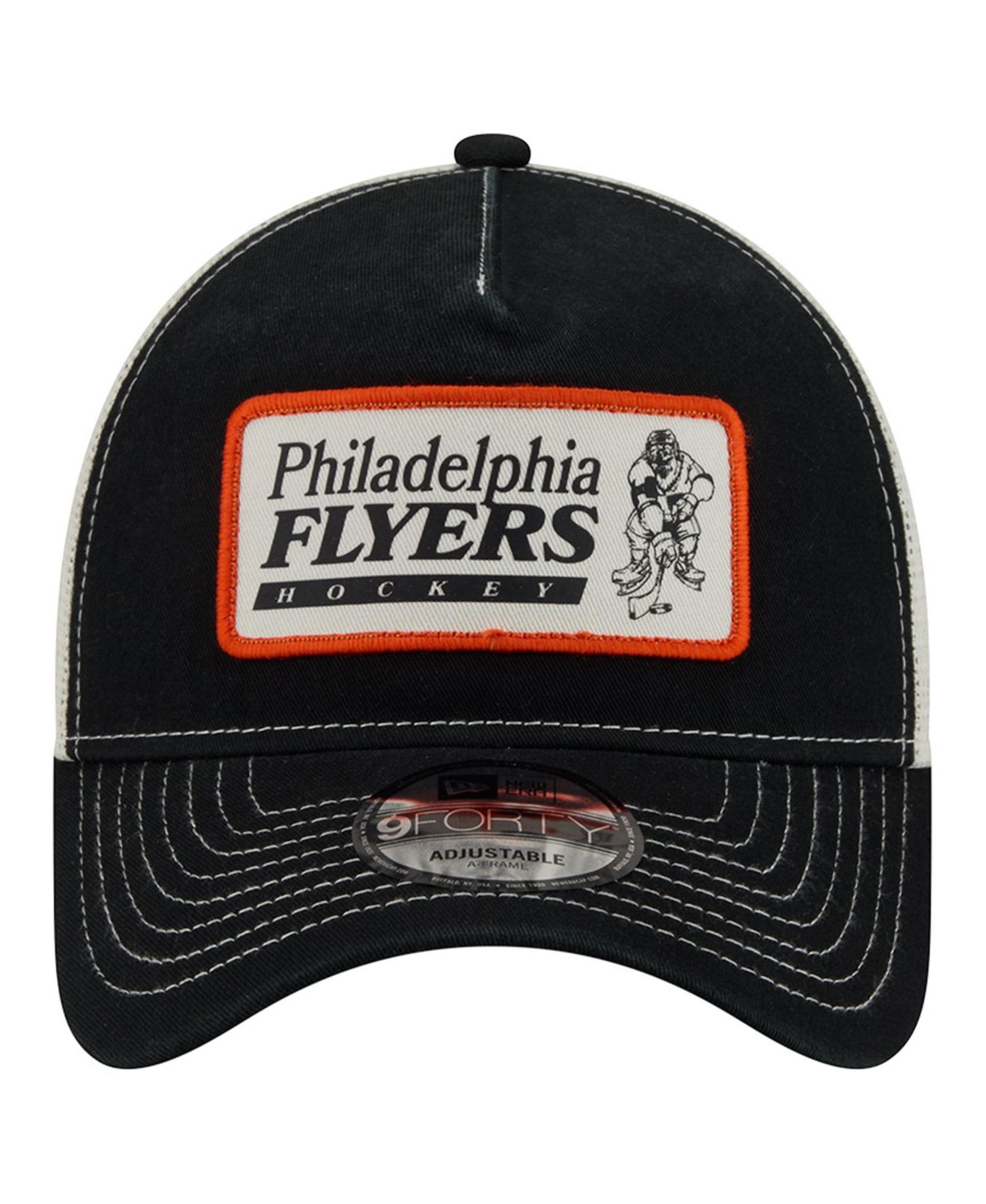 Men's Black/White Philadelphia Flyers Skater Patch A-Frame 9FORTY Adjustable Trucker Hat