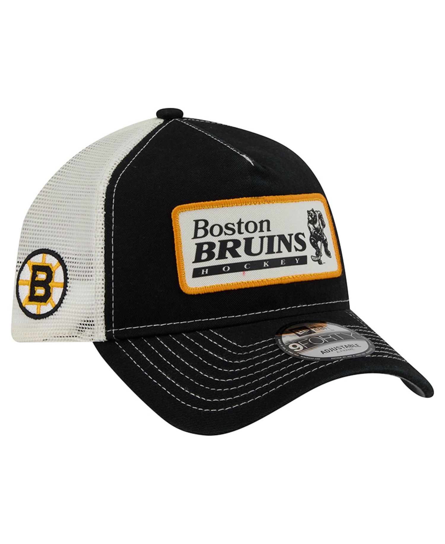 Men's Black/White Boston Bruins Skater Patch A-Frame 9FORTY Adjustable Trucker Hat