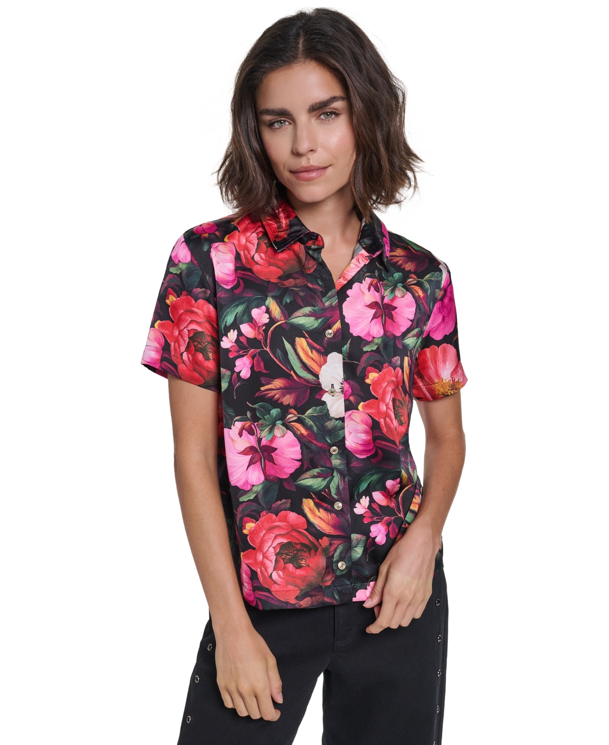 Karl Lagerfeld Paris Women's Short-Sleeve Floral-Print Satin Button-Down Blouse - Black Multi
