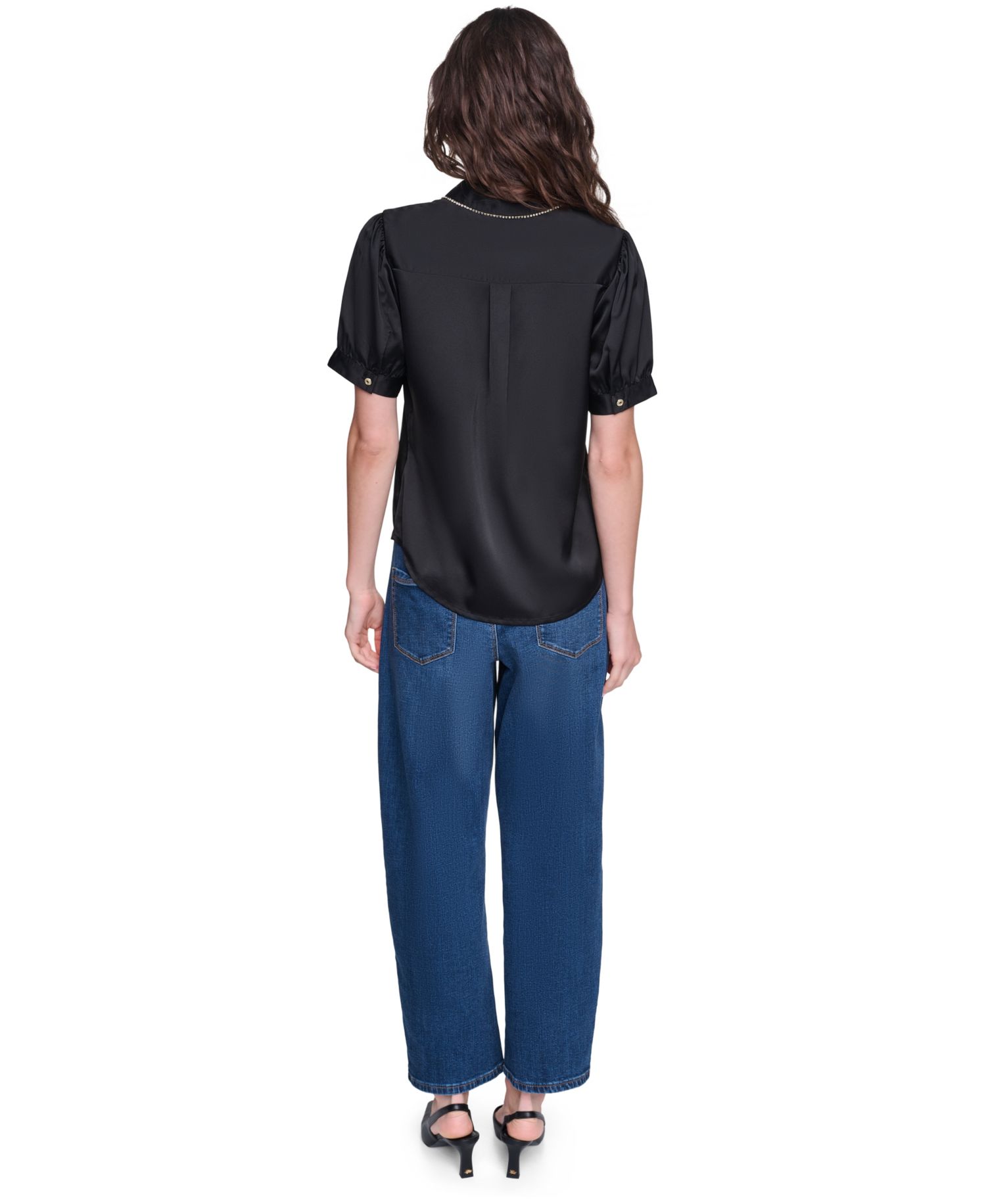 Women's Short-Sleeve Satin Crystal-Embellished Collared Blouse