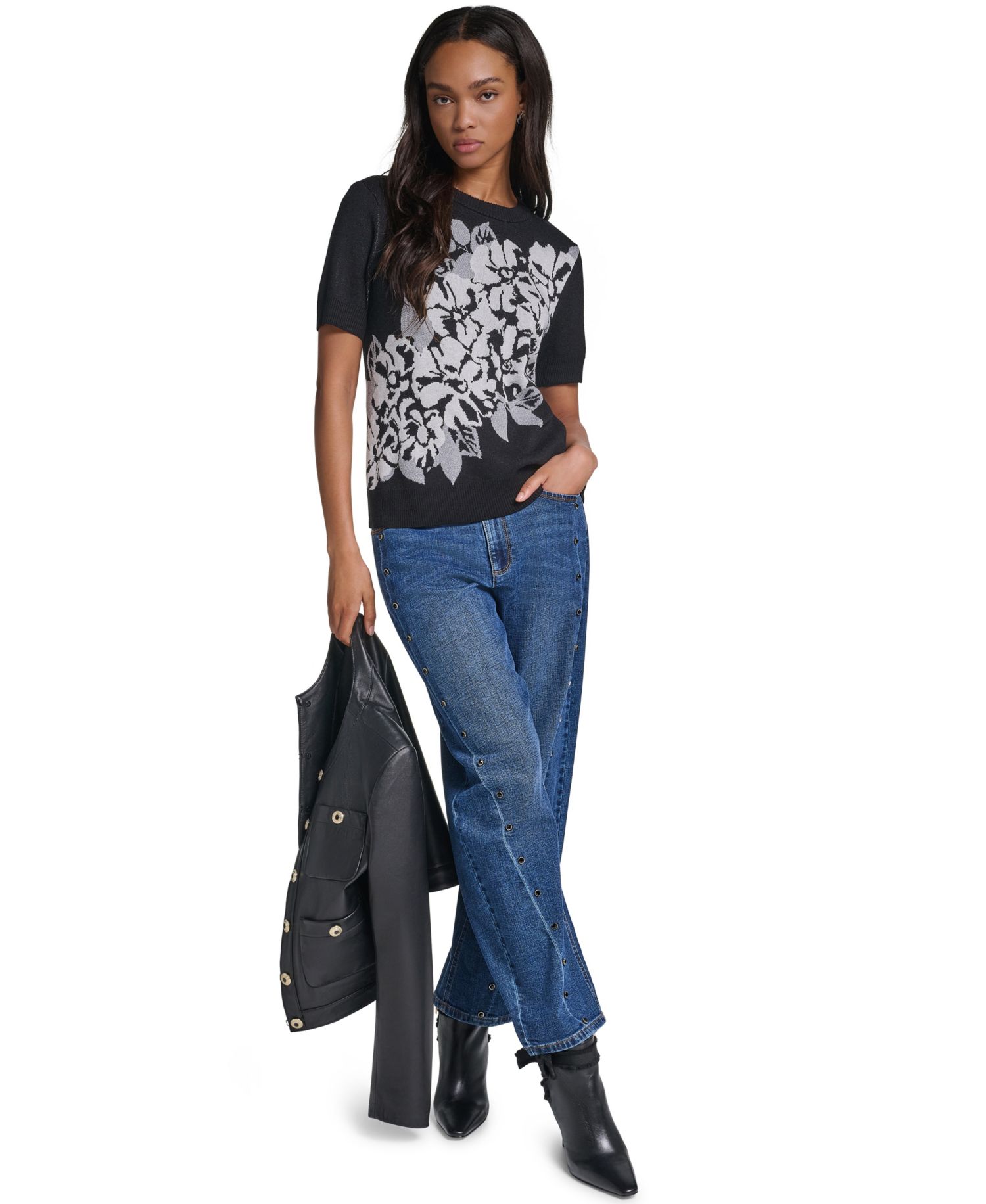 Women's Rose Crewneck Short-Sleeve Floral-Print Sweater