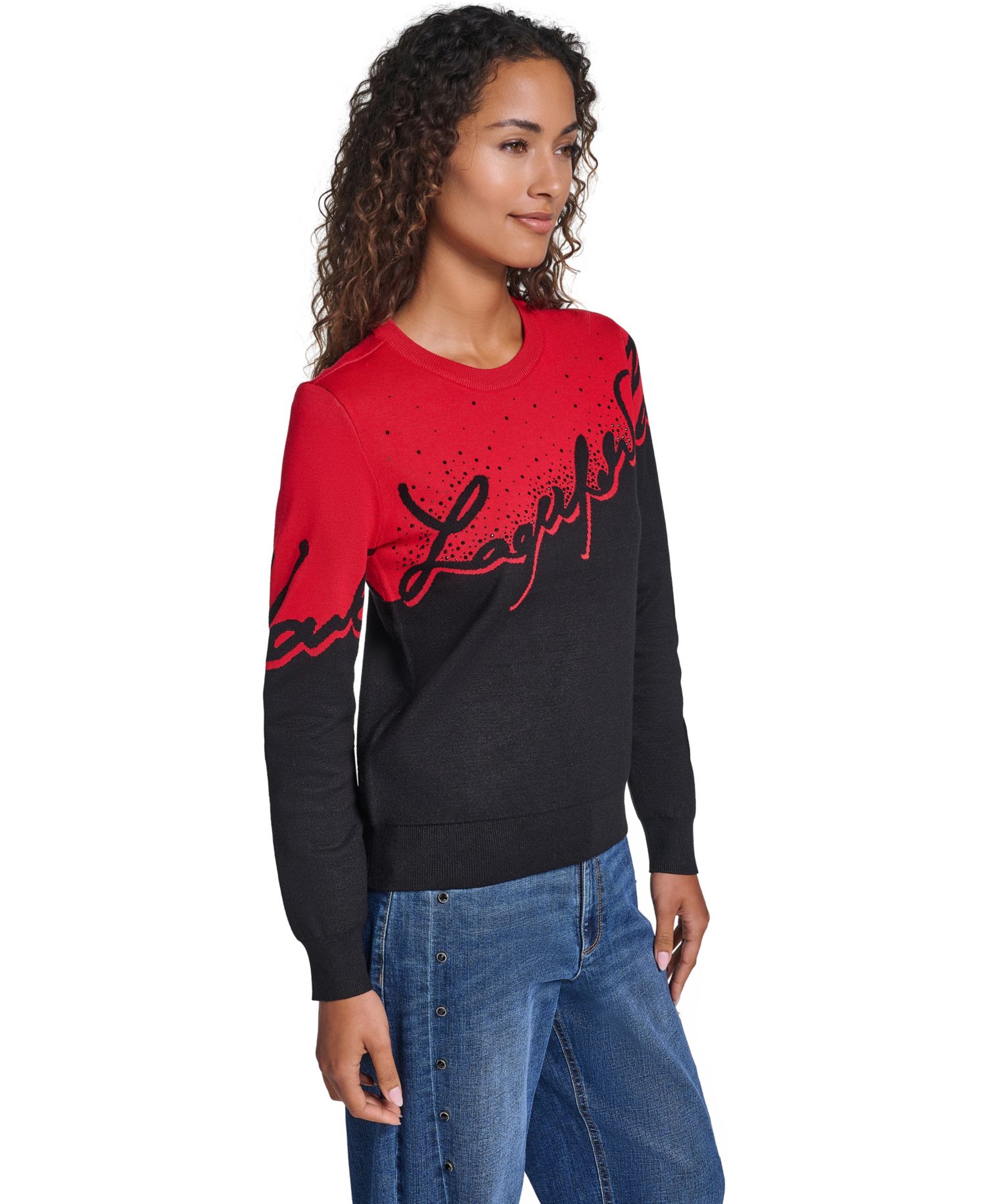 Women's Rhinestone-Logo Long-Sleeve Colorblock Sweater