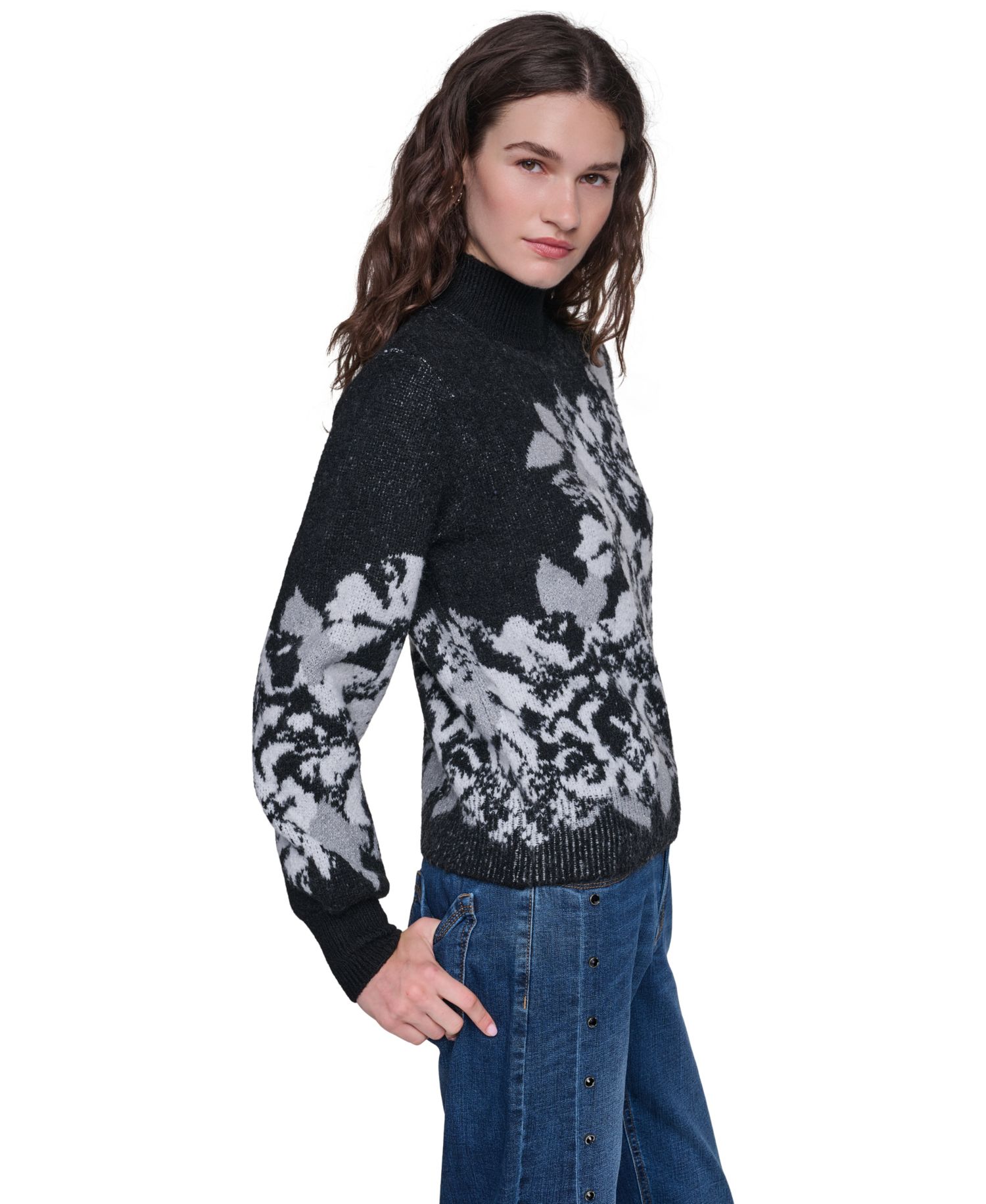 Women's Rose Mock Neck Floral-Print Sweater