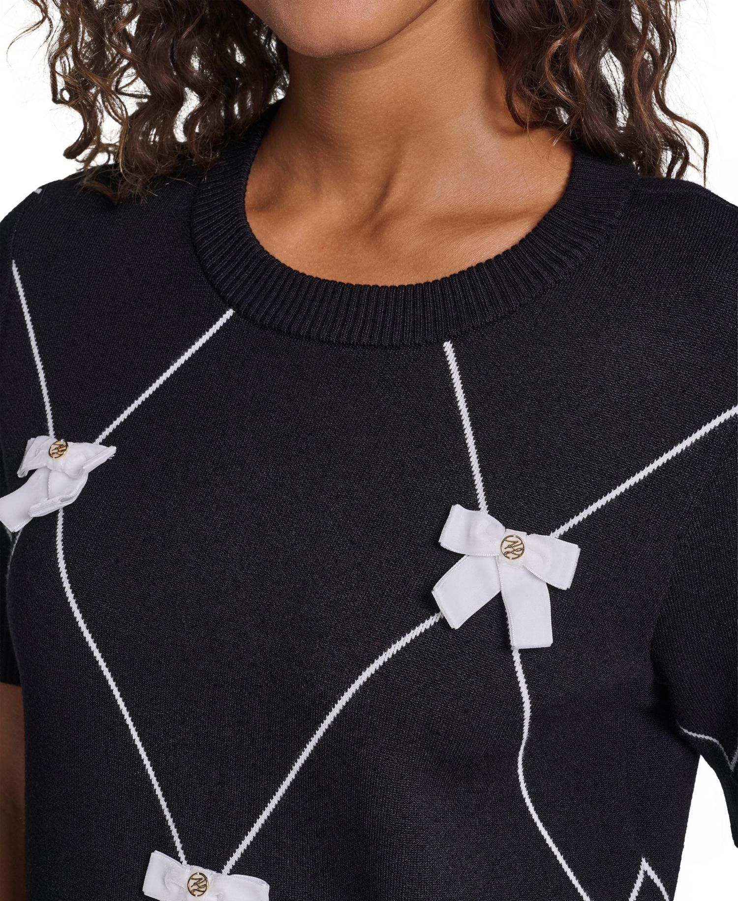 Women's Argyle 3D Bow Short-Sleeve Crewneck Sweater