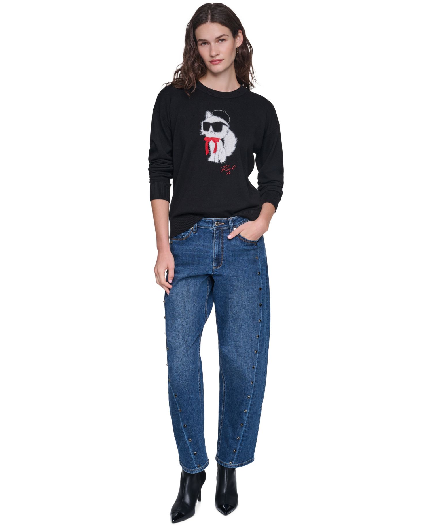 Women's Choupette in Beret Fitted Graphic Crewneck Pullover Sweater