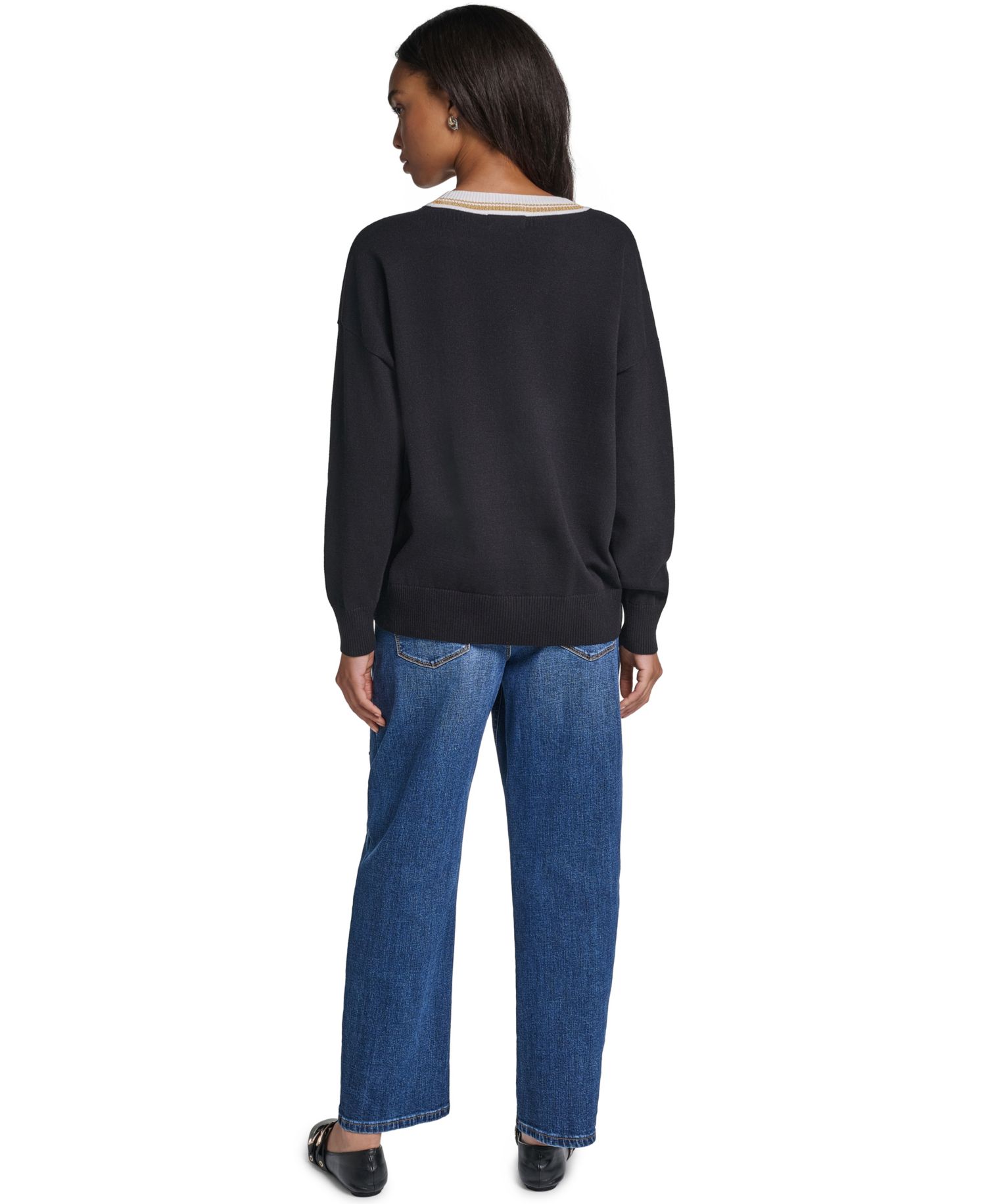 Women's Karl Patches Long-Sleeve Graphic-Patch V-Neck Sweater