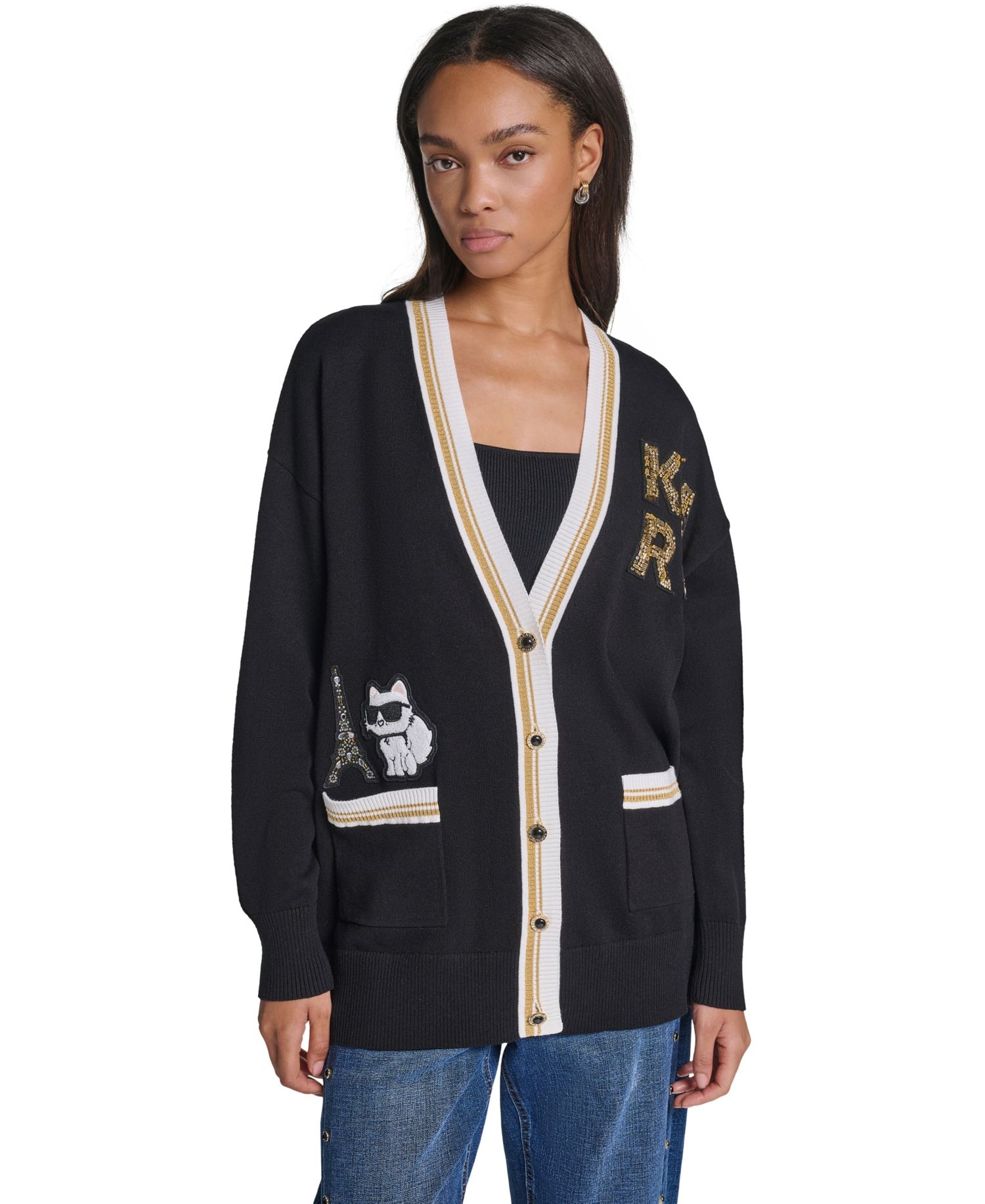 Women's Varsity Oversized Patch V-Neck Cardigan Sweater