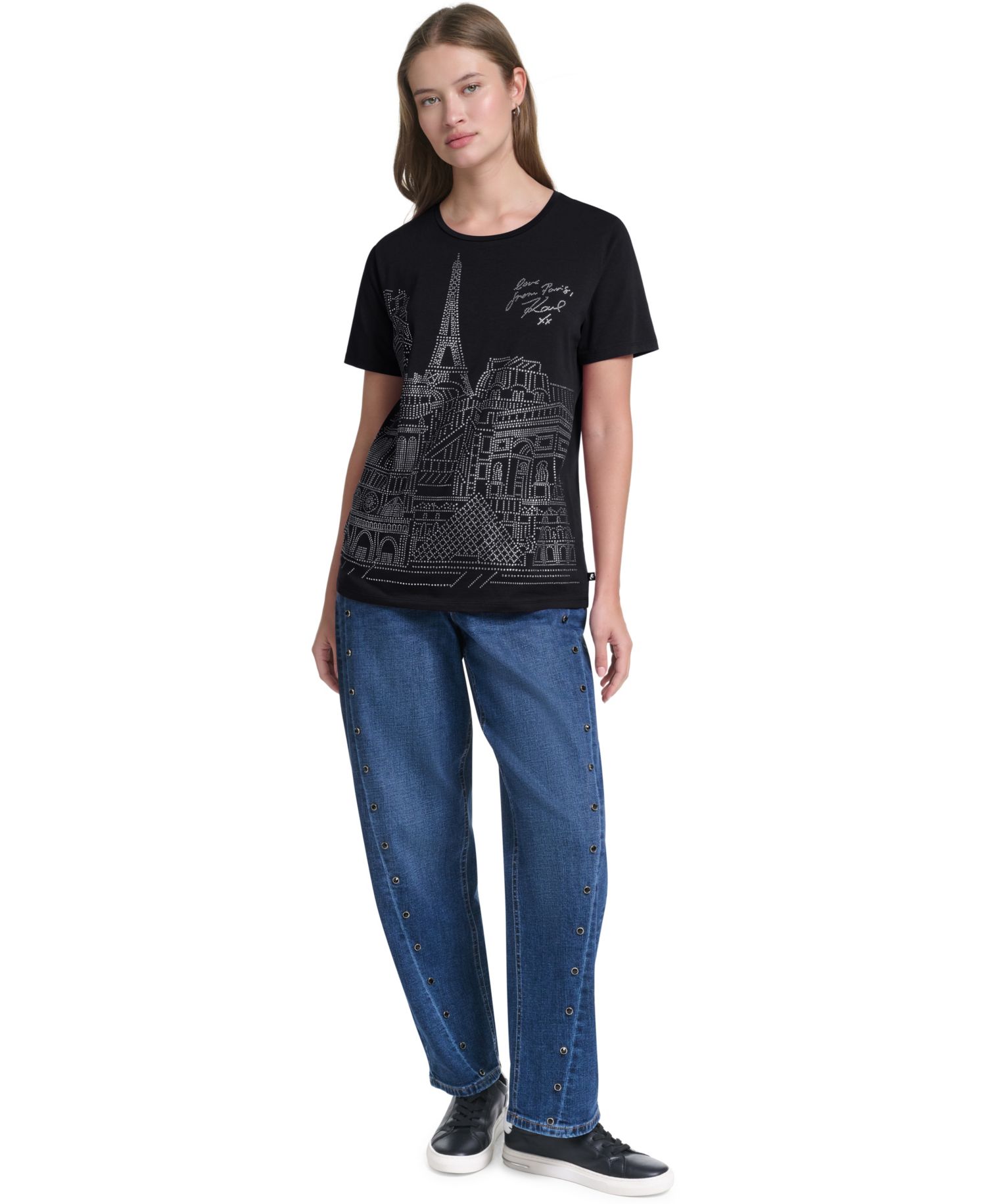 Women's Sparkle Paris Scene Crewneck Short-Sleeve T-Shirt