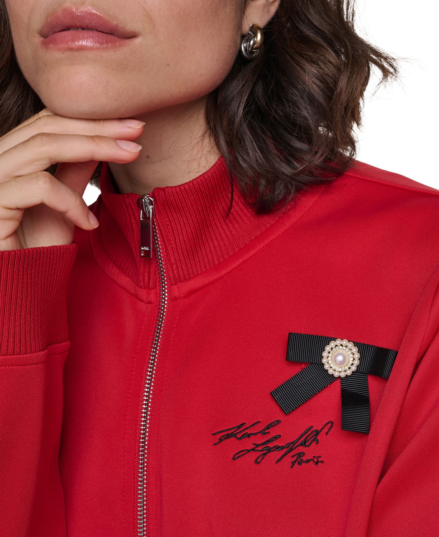 Женская куртка KARL LAGERFELD PARIS Pin and Bow Imitation Pearl-Trim Zip-Up, цвет: Красный — фото 4