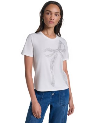 Women's Crystal Bow Rhinestone Short-Sleeve Top