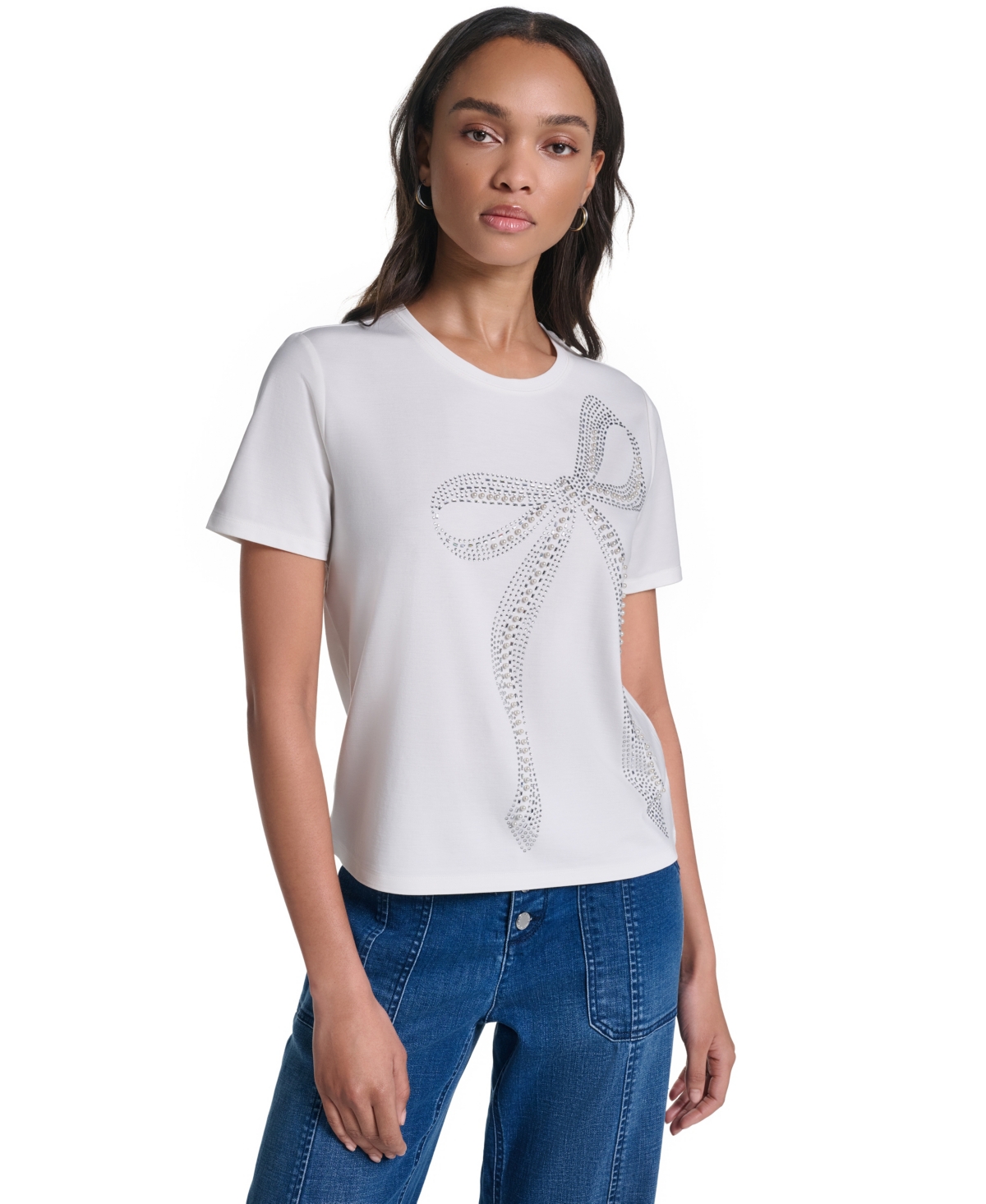 Karl Lagerfeld Paris Women's Crystal Bow Rhinestone Short-Sleeve Top - Soft White