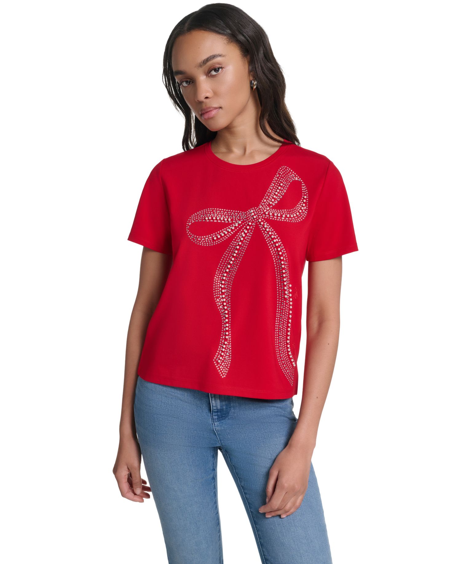 Women's Crystal Bow Rhinestone Short-Sleeve Top