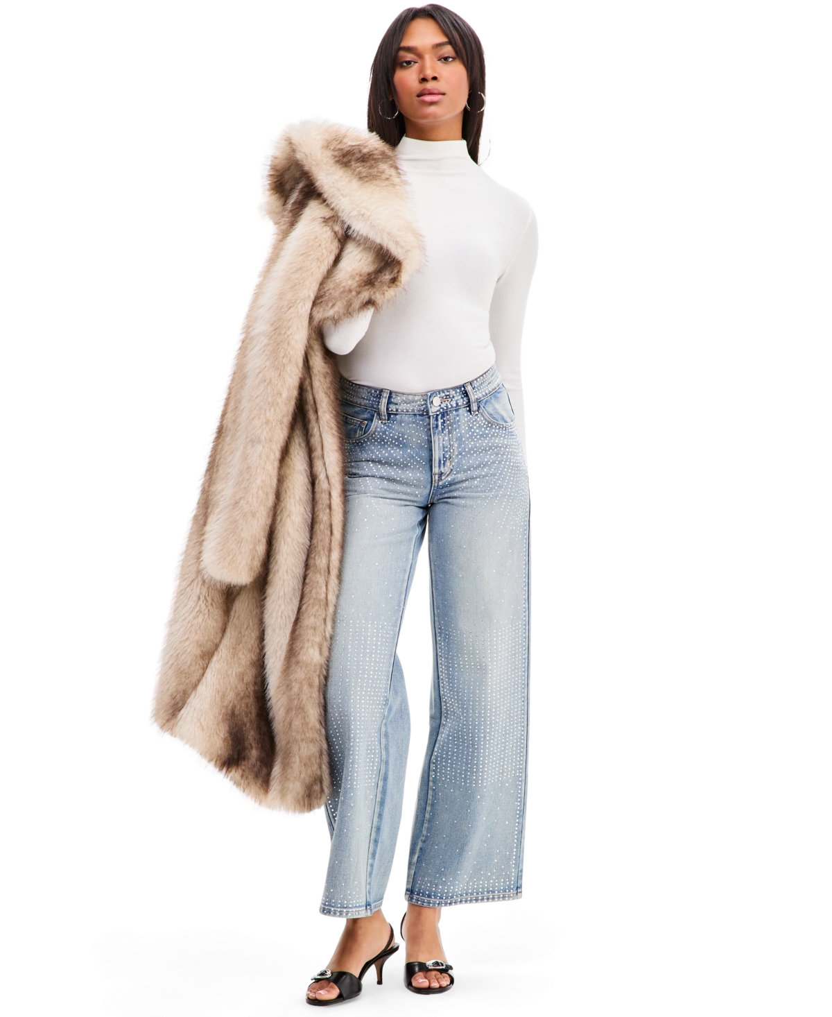 Bar Iii Women's All-Over-Bling High-Rise Wide-Leg Denim Jeans, Macy's Exclusive - Medium Wash