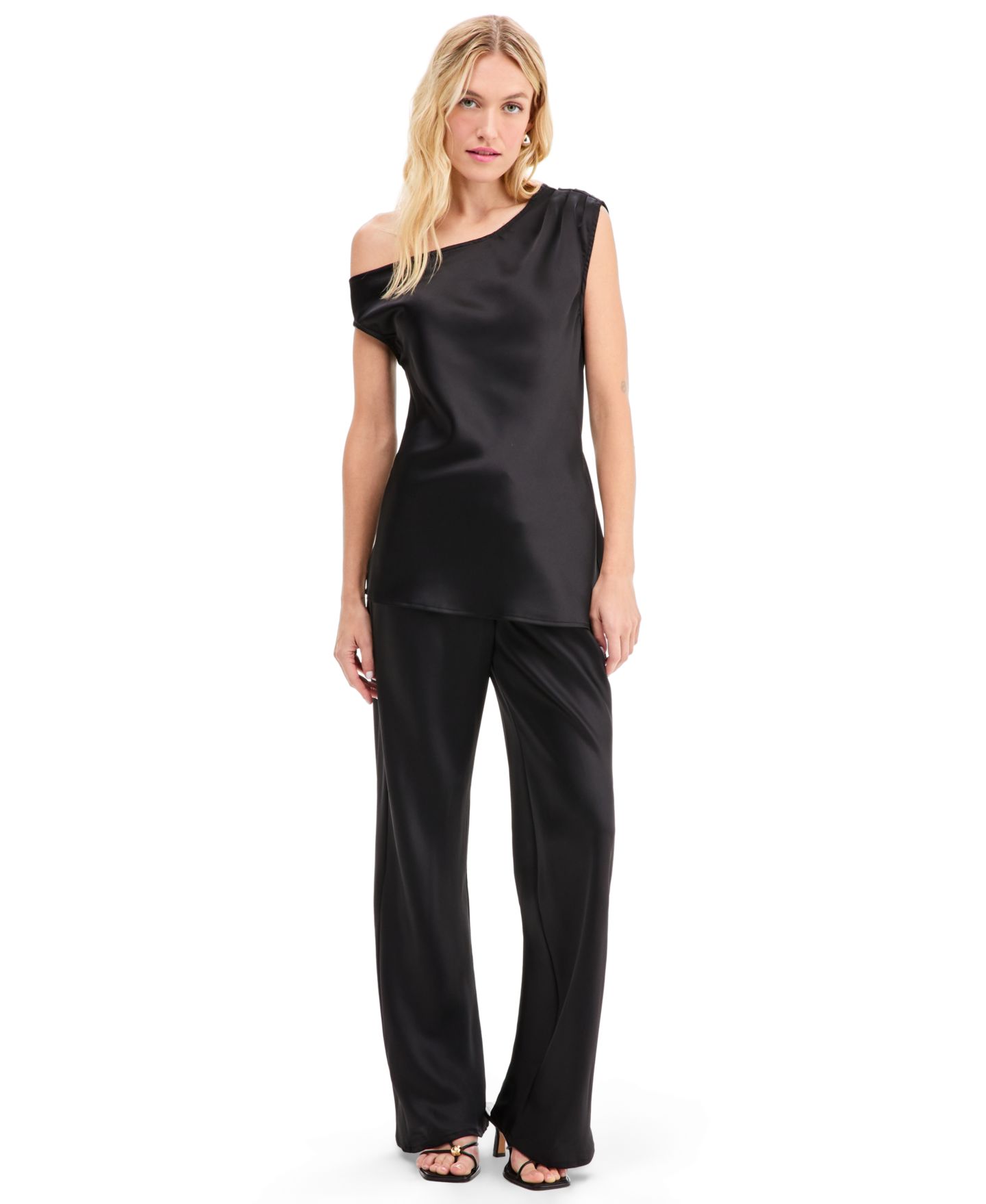 Женские брюки Bar III High-Waisted Drawstring Wide-Leg Satin, цвет: Чёрный — фото 1