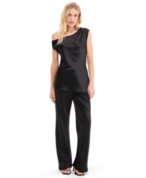 Женские брюки Bar III High-Waisted Drawstring Wide-Leg Satin, цвет: Чёрный