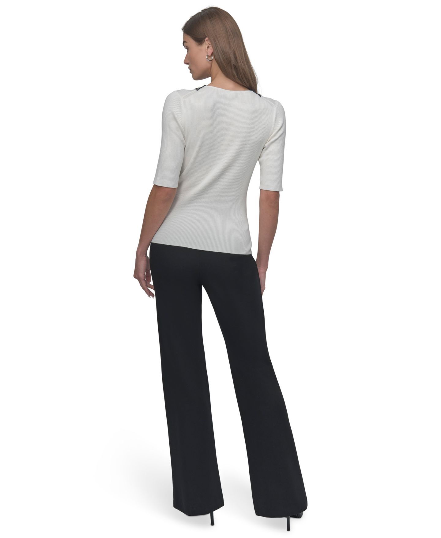 Женский свитер DKNY Crystal V-Neck Cable-Knit Embellished Pullover, цвет: Слоновая кость — фото 5