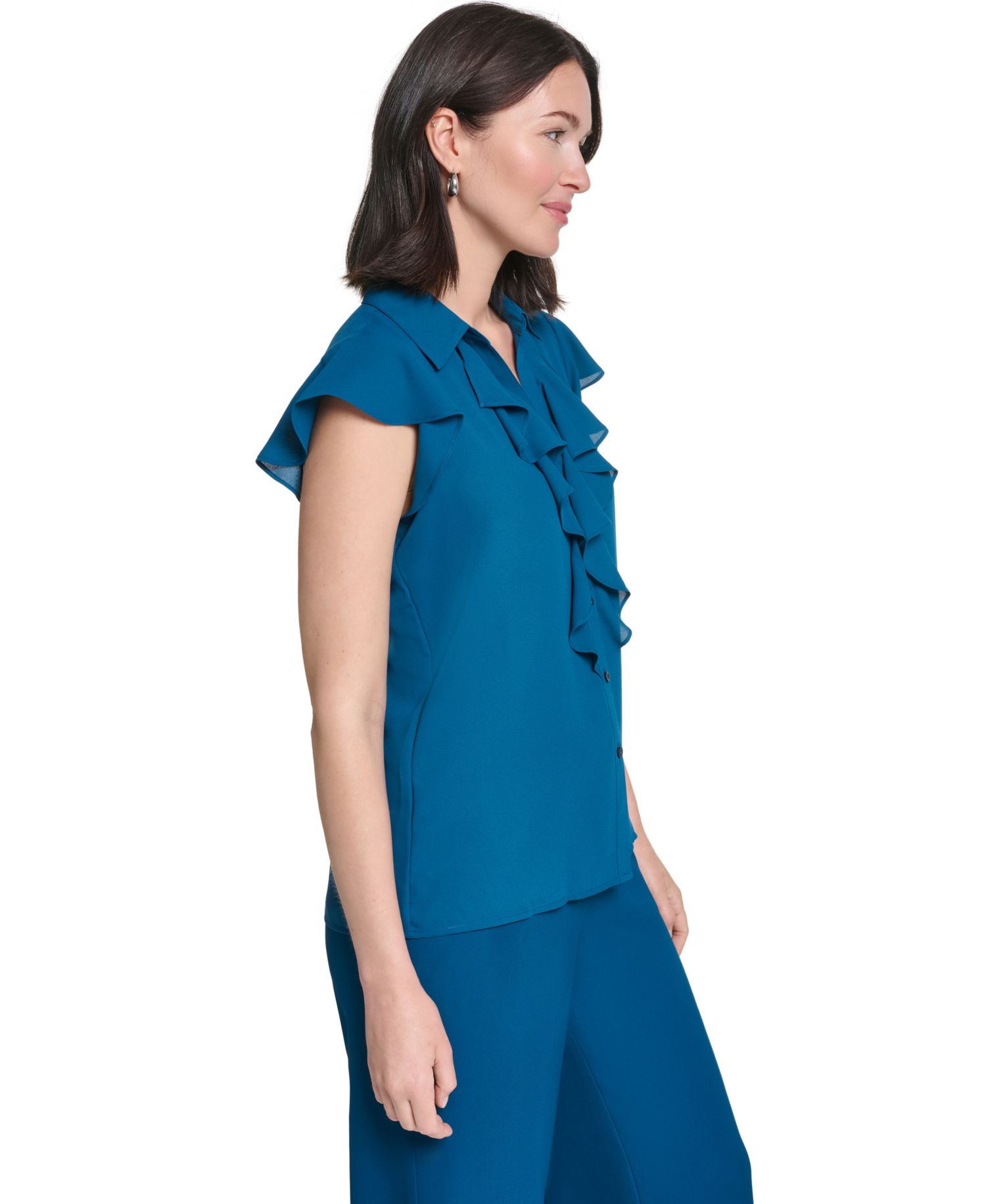 Women's Short-Sleeve Collared Ruffle-Front Blouse