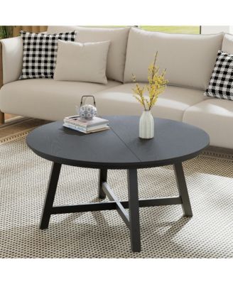 36 Inch Round Coffee Table, Wood Grain Top Cocktail Table With X Shaped Metal Base, Industrial Modern Accent Table For Living Room Or Office