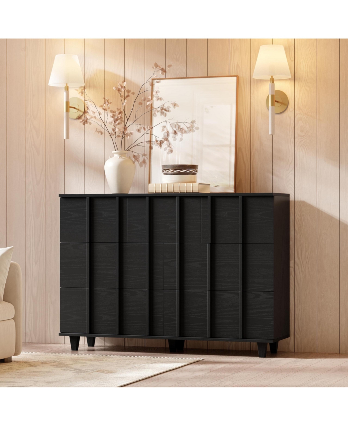 Modern Minimalist Wide Fluted Dresser Chest Of Drawers - 7 Drawer Clothing Storage Cabinet For Bedroom Small Space Nursery Living Room Or Entryway - B