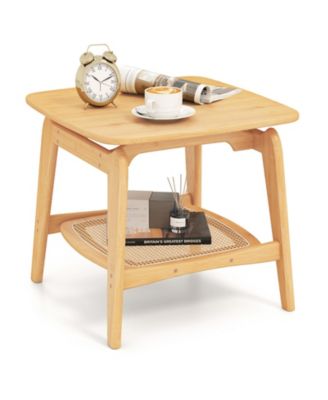 Boho Bamboo Sofa Side Table with Faux Rattan Storage Shelf