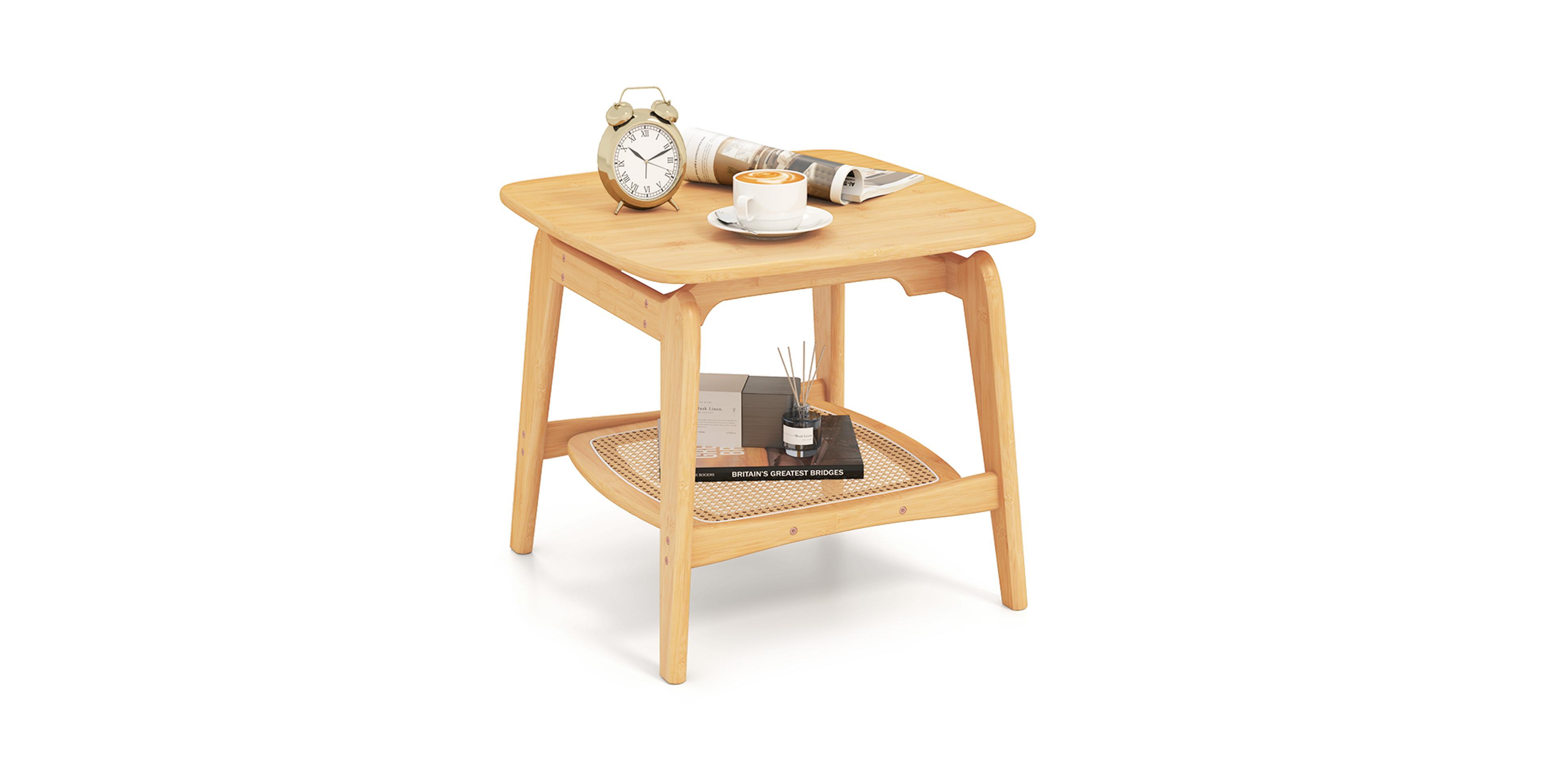 Mecale Boho Bamboo Sofa Side Table with Faux Rattan Storage Shelf