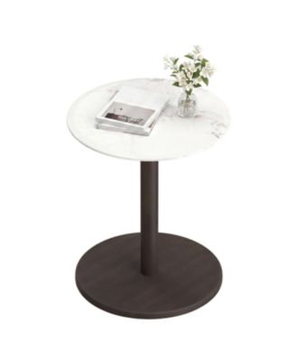 Round Marble Side Table Pedestal End Table with Stone Finish and Wooden