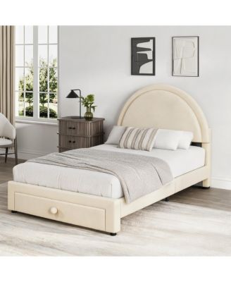 Chenille Upholstered Bed Frame with Storage Drawer & Curved Arched Headboard – Heavy Duty Noise-Free Platform Bed, No Box Spring Needed